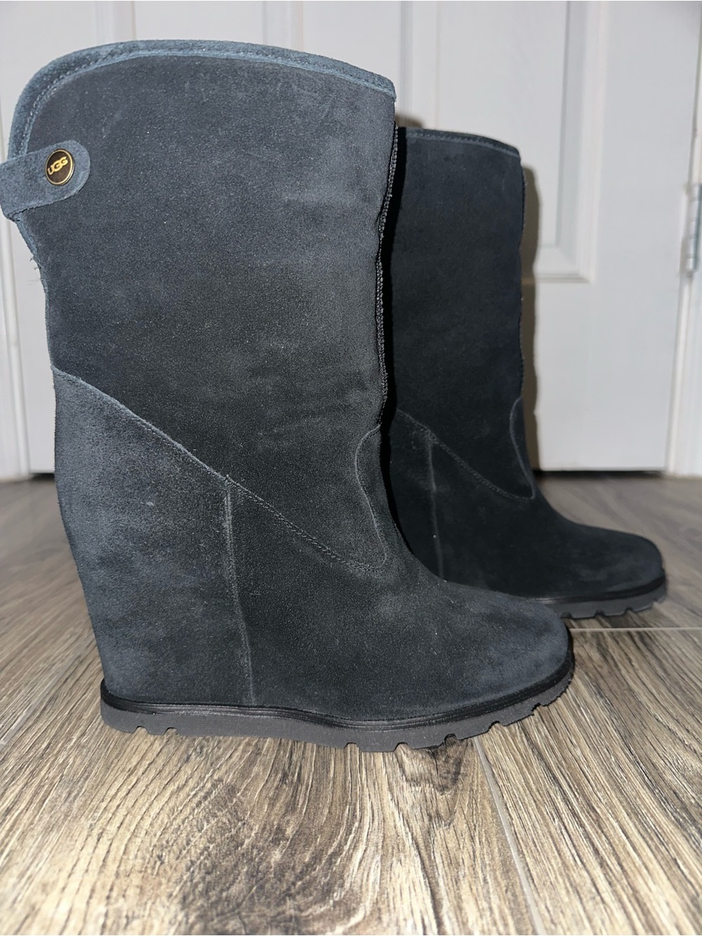 UGG Black Suede Wedge Waterproof Shearling lined Boots with Hidden Platform